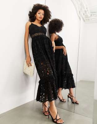 ASOS EDITION - Tailliertes Midi-Trägerkleid in Schwarz mit Lochstickerei-Black