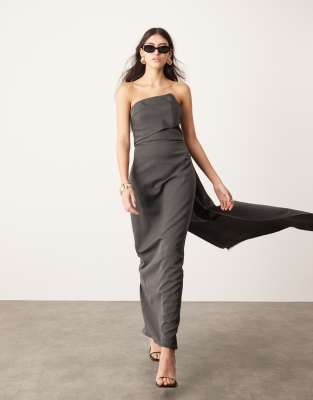 tailored asymmetric neck bandeau maxi dress with train in charcoal gray