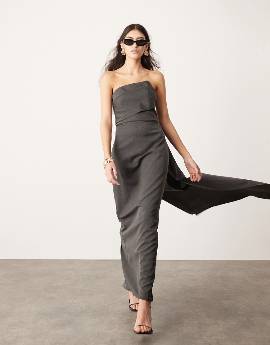 Asos Design Tailored Asymmetric Neck Bandeau Maxi Dress With Train In Charcoal Gray
