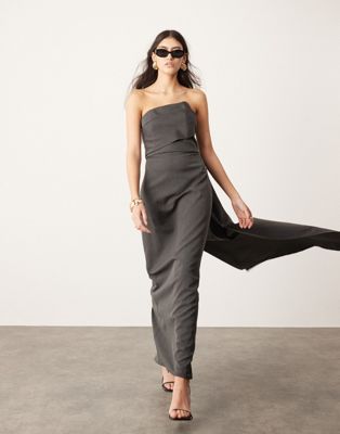 ASOS EDITION tailored asymmetric neck bandeau maxi dress with train in charcoal grey