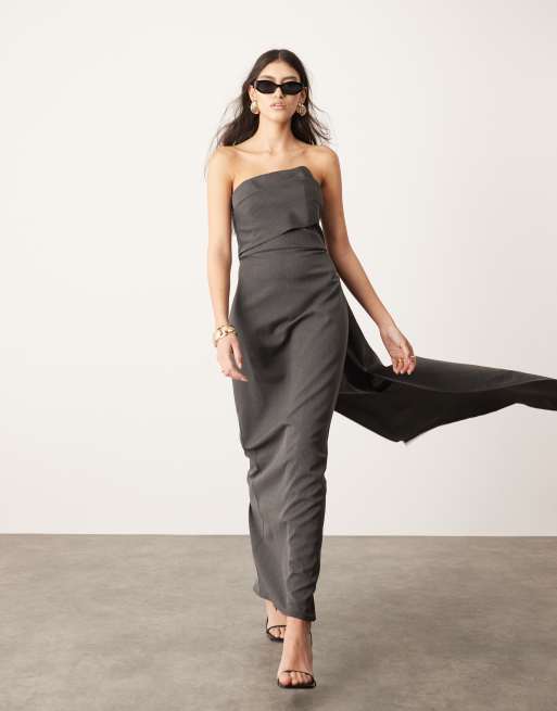 FhyzicsShops EDITION tailored asymmetric neck bandeau maxi dress with train in charcoal grey