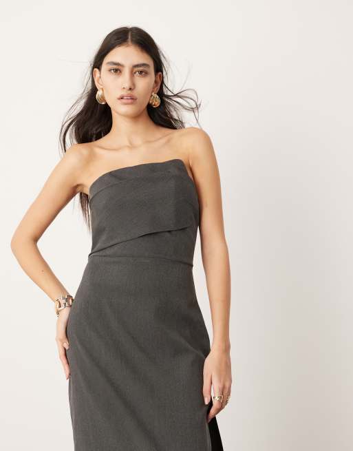 ASOS EDITION tailored asymmetric neck bandeau maxi dress with train in charcoal gray