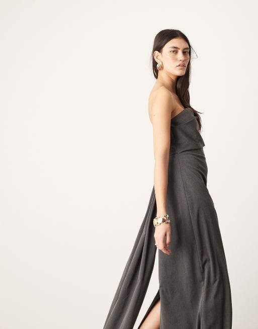 ASOS EDITION tailored asymmetric neck bandeau maxi dress with train in charcoal gray