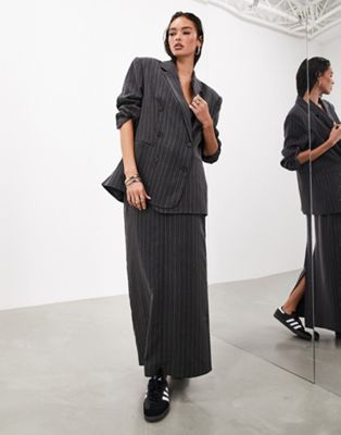 Asos Design Tailored Maxi Skirt In Charcoal Pinstripe-black