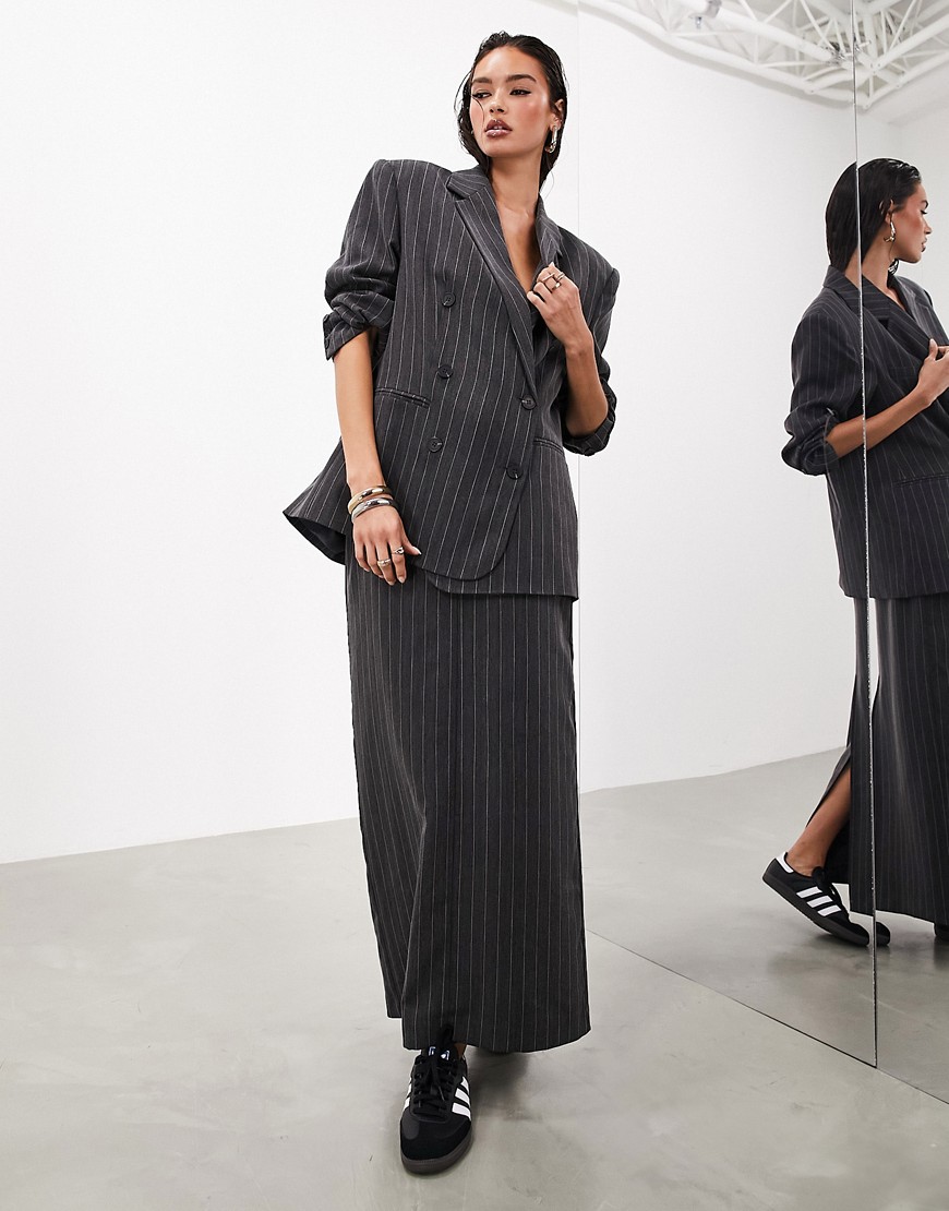 Asos Design Tailored Maxi Skirt In Charcoal Pinstripe-black