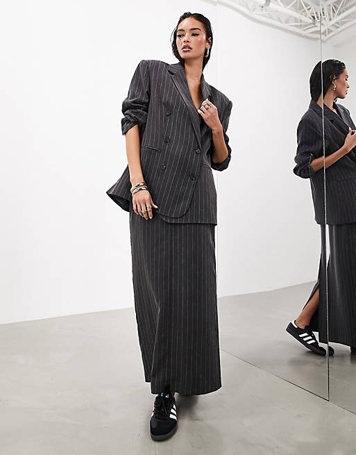 ASOS EDITION tailored maxi skirt in charcoal pinstripe | ASOS
