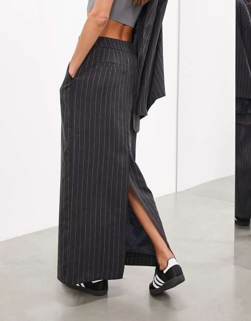 ASOS EDITION tailored maxi skirt in charcoal pinstripe, 2 of 4