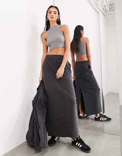 ASOS EDITION tailored maxi skirt in charcoal pinstripe