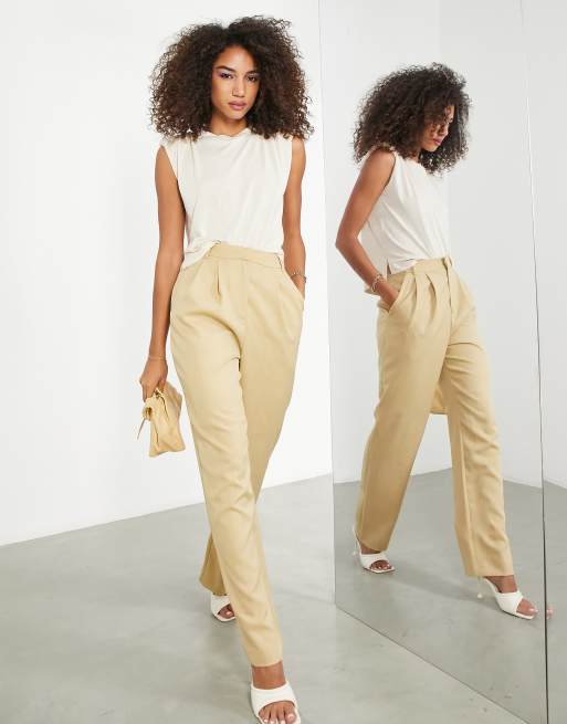 Pantalones elegantes de pernera ancha y talle alto en color camel con  diseño de espiga de ASOS DESIGN