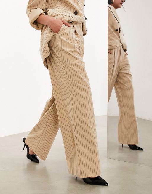 Satin Waistband Pinstripe Trousers - Taupe
