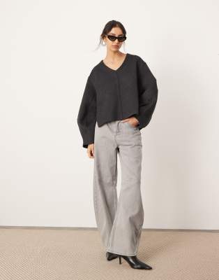 tailored wool mix boxy sweater with clean seam detail in charcoal-Gray