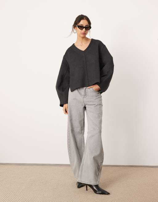 ASOS EDITION tailored wool mix boxy sweater with clean seam detail in charcoal