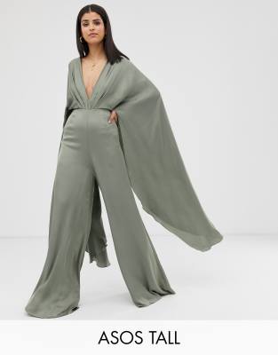 asos edition cape sleeve wedding jumpsuit in satin