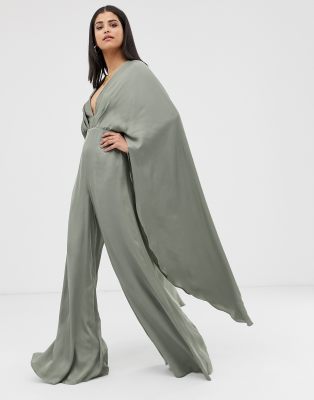 asos edition cape sleeve wedding jumpsuit in satin