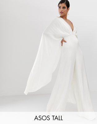 asos edition cape sleeve wedding jumpsuit in satin