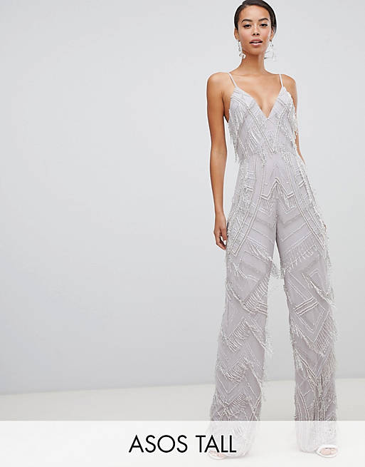 ASOS EDITION Tall fringe & pearl embellished jumpsuit with wide leg