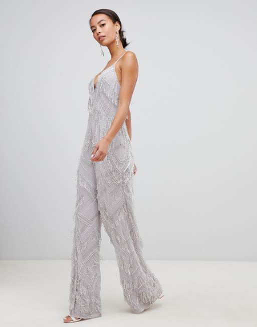 ASOS EDITION Tall Mit Fransen und Perlen verzierter Jumpsuit mit weitem Bein ASOS