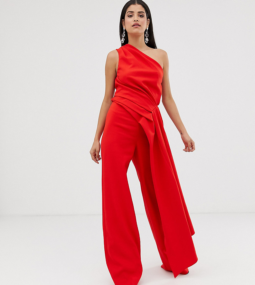 ASOS EDITION Tall one shoulder drape side jumpsuit-Red
