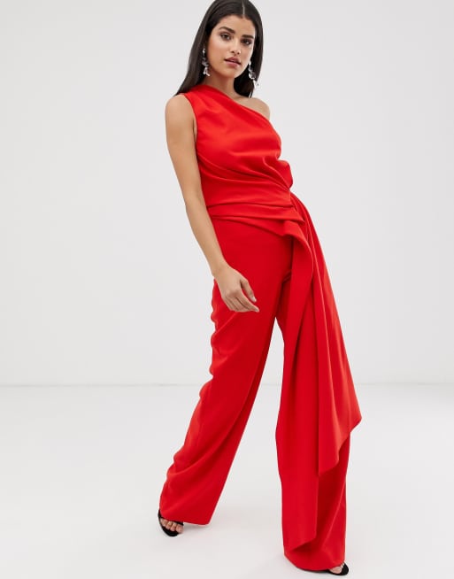 Red Drape One Shoulder Jumpsuit