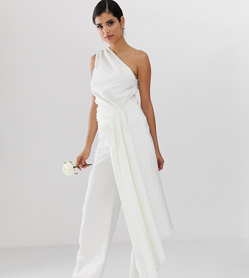ASOS EDITION Tall one shoulder drape side wedding jumpsuit-White