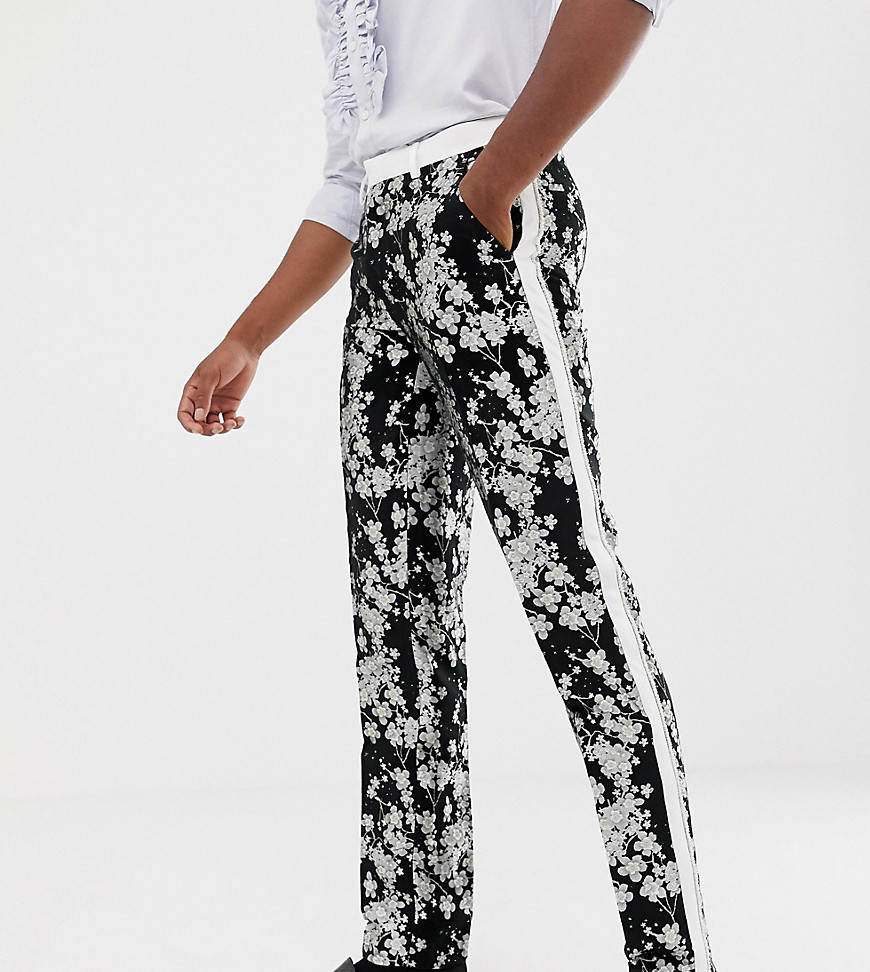 ASOS EDITION Tall slim tuxedo suit trousers in monochrome floral jacquard-Black