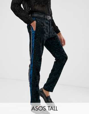 ASOS EDITION Tall slim tuxedo suit trousers in teal burnout velvet-Blue Blue
