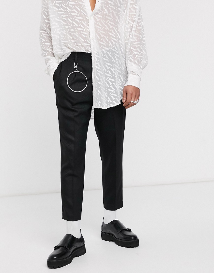 Asos Design Tapered Black Jacquard Pants With Metalwork