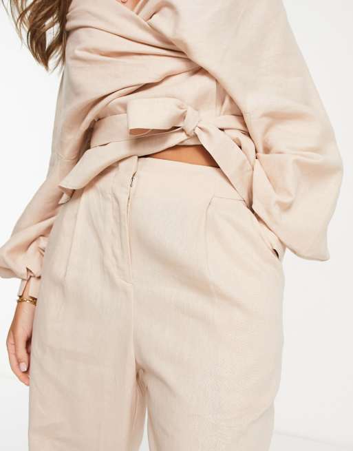 ASOS EDITION tapered pleat front linen wide leg pants in sand