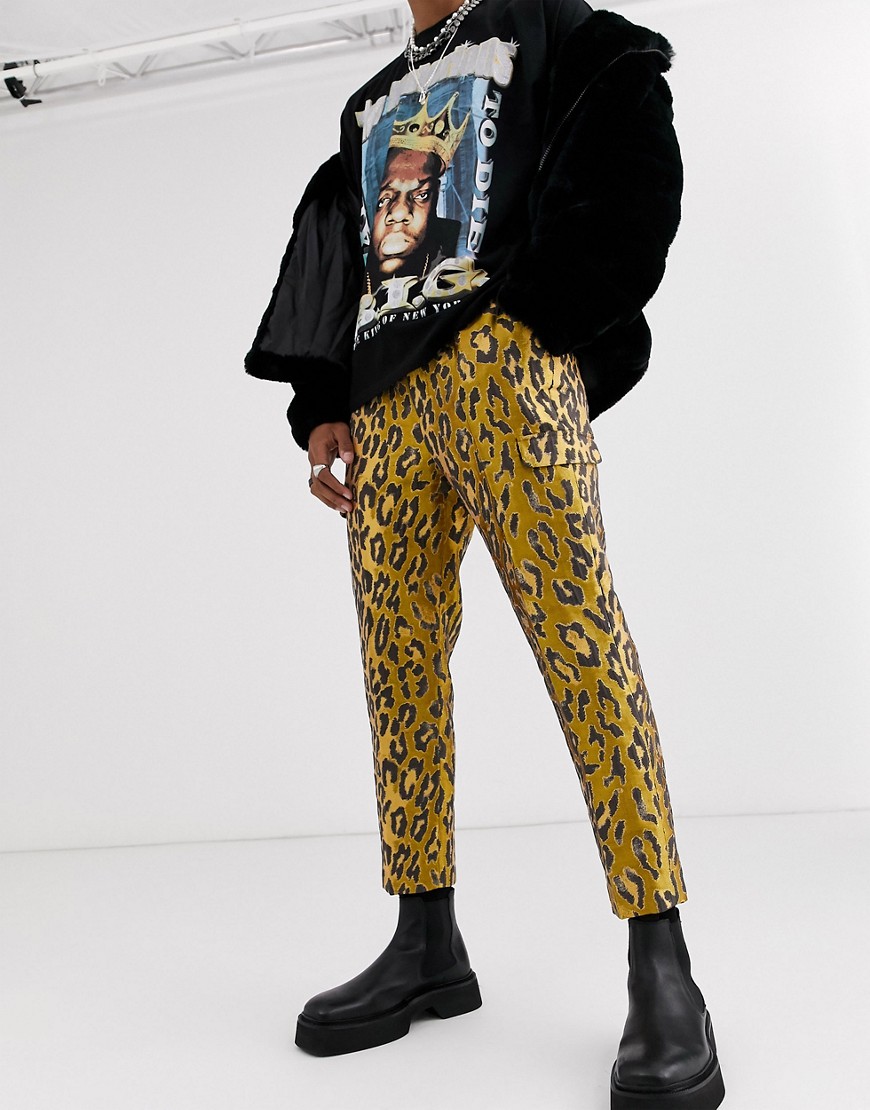 ASOS EDITION tapered smart trousers in leopard jacquard-Yellow