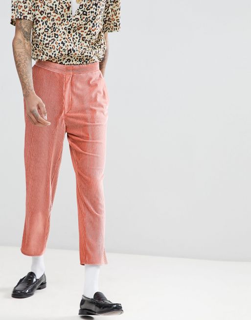 ASOS EDITION tapered suit pants in pink velvet plisse fabric with patch pockets