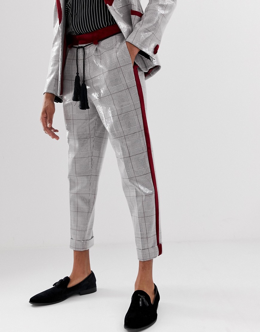 ASOS EDITION tapered suit trousers in grey sequin check with rope tassel belt-Brown