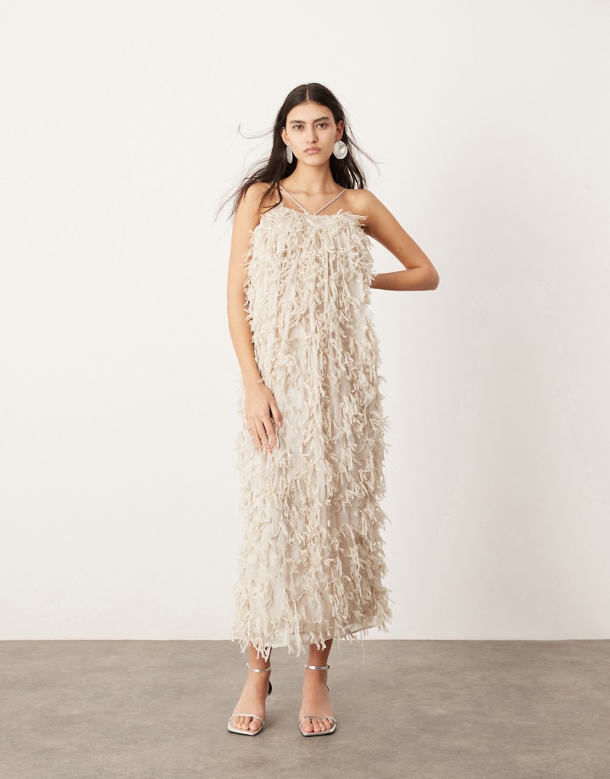Asos Design Textured 3d Fringe Cocoon Cami Dress In Stone-neutral
