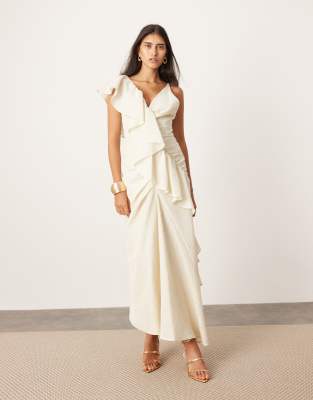 textured asymmetric ruffle maxi dress in stone-Neutral