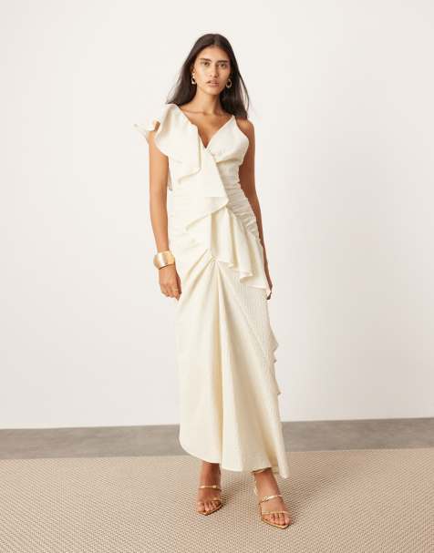 ASOS EDITION textured asymmetric ruffle maxi dress in stone - view 1