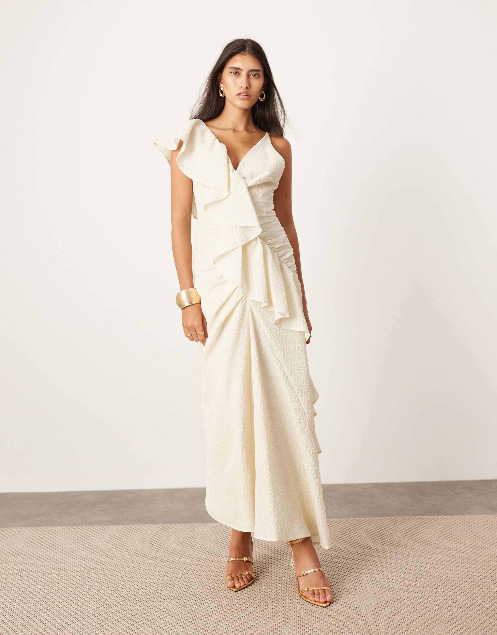 asos edition textured asymmetric ruffle maxi dress in stone