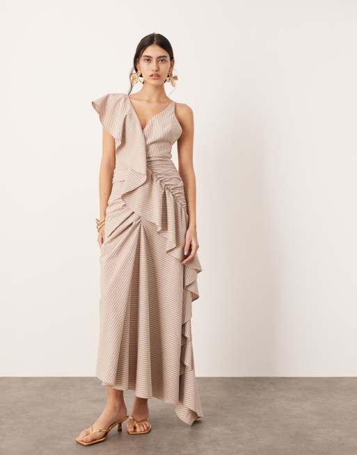 textured ruffle asymmetric maxi dress Anaisa Asymmetric Neckline Frill Maxi Dress Cream– Selfie Leslie main image 1