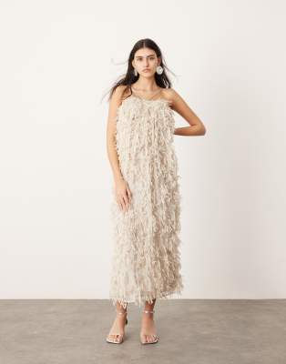 textured bandeau midi dress with halterneck detail in stone-Neutral