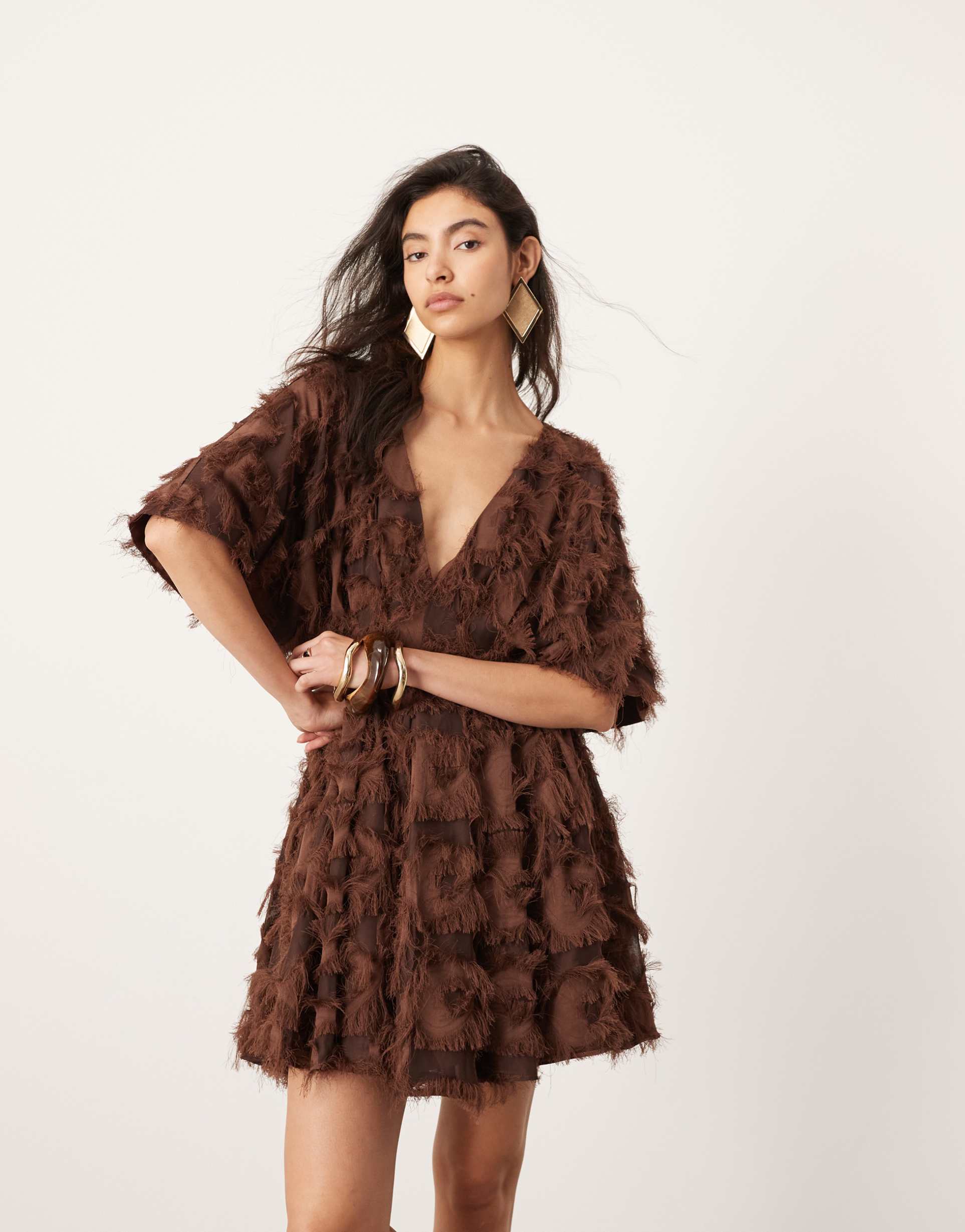 asos edition textured cinched pleat waist mini dress in chocolate