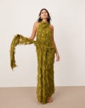 [ASOS EDITION] ASOS EDITION textured cowl halterneck maxi dress with ruched detail in olive green 18 Olive Green