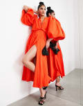 [ASOS EDITION] ASOS EDITION textured drape front midi dress with open back in tomato red 6 Tomato Red