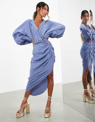 Asos Design Textured Drape Midi Shirt Dress With Tie Detail In Blue