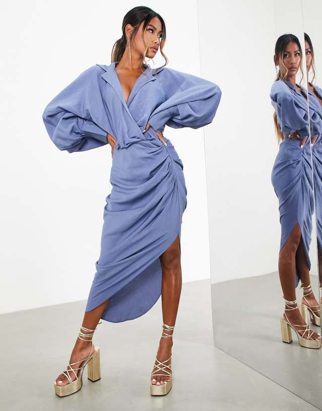 ASOS EDITION textured drape midi shirt dress with tie detail in blue