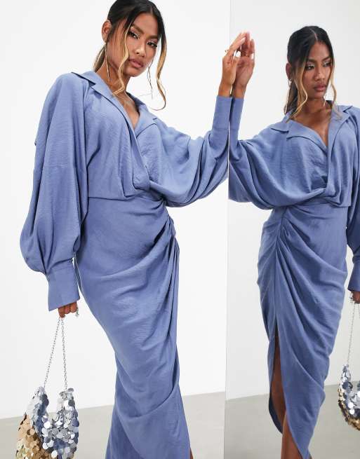 ASOS EDITION textured drape midi shirt dress with tie detail in