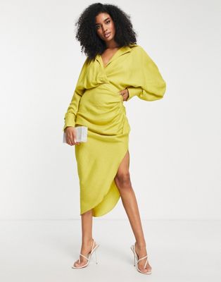 ASOS EDITION textured drape midi shirt dress with tie detail in chartreuse