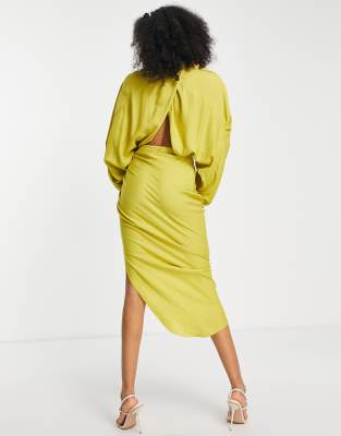 ASOS EDITION textured drape midi shirt dress with tie detail in chartreuse