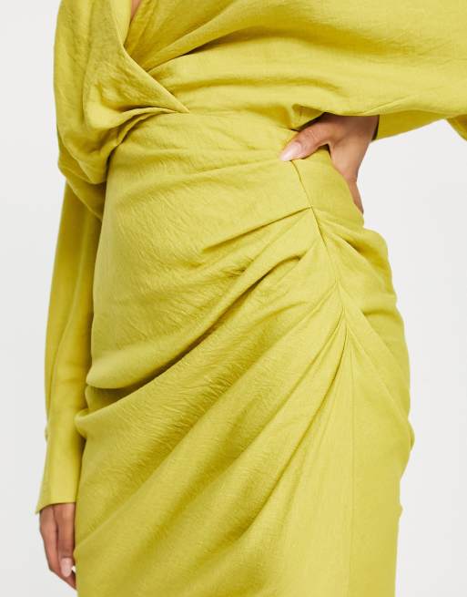 ASOS EDITION textured drape midi shirt dress with tie detail in chartreuse