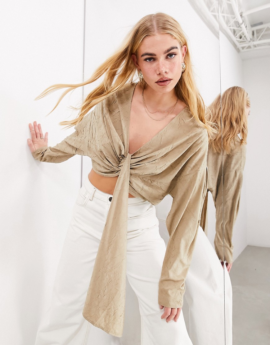 ASOS EDITION textured effect long sleeve drape front cropped blouse in taupe-Neutral