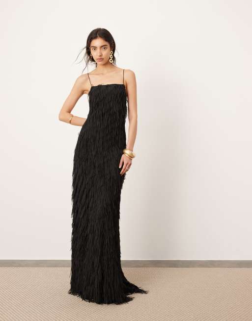 ASOS EDITION textured fringe cami maxi dress with low back in black