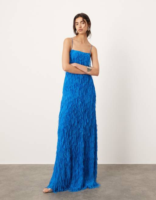 ASOS EDITION textured fringe cami maxi dress with low back in blue | ASOS