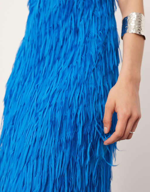 asos blue fringe dress ASOS EDITION textured fringe cami maxi dress with low back in blue